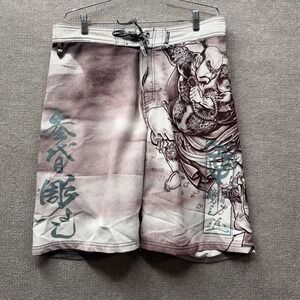Affliction Mens Samurai Warrior Board Shorts Grey Brown Swim Trunks Size 36